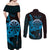 Aloha Hawaii Darts Couples Matching Off Shoulder Maxi Dress and Long Sleeve Button Shirt Dart Board With Polynesian Shark - Blue