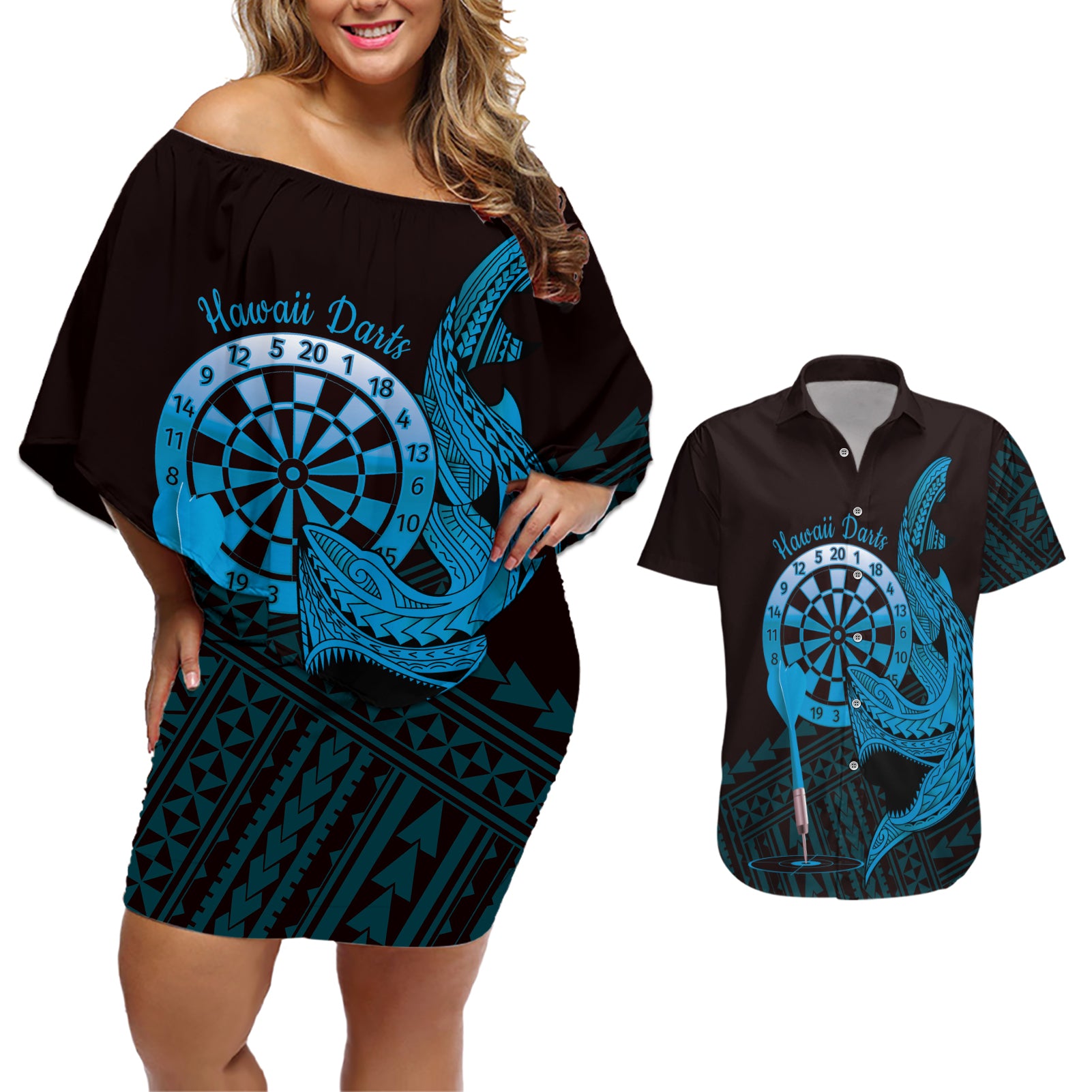 Aloha Hawaii Darts Couples Matching Off Shoulder Short Dress and Hawaiian Shirt Dart Board With Polynesian Shark - Blue