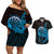 Aloha Hawaii Darts Couples Matching Off Shoulder Short Dress and Hawaiian Shirt Dart Board With Polynesian Shark - Blue