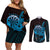 Aloha Hawaii Darts Couples Matching Off Shoulder Short Dress and Long Sleeve Button Shirt Dart Board With Polynesian Shark - Blue