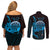Aloha Hawaii Darts Couples Matching Off Shoulder Short Dress and Long Sleeve Button Shirt Dart Board With Polynesian Shark - Blue