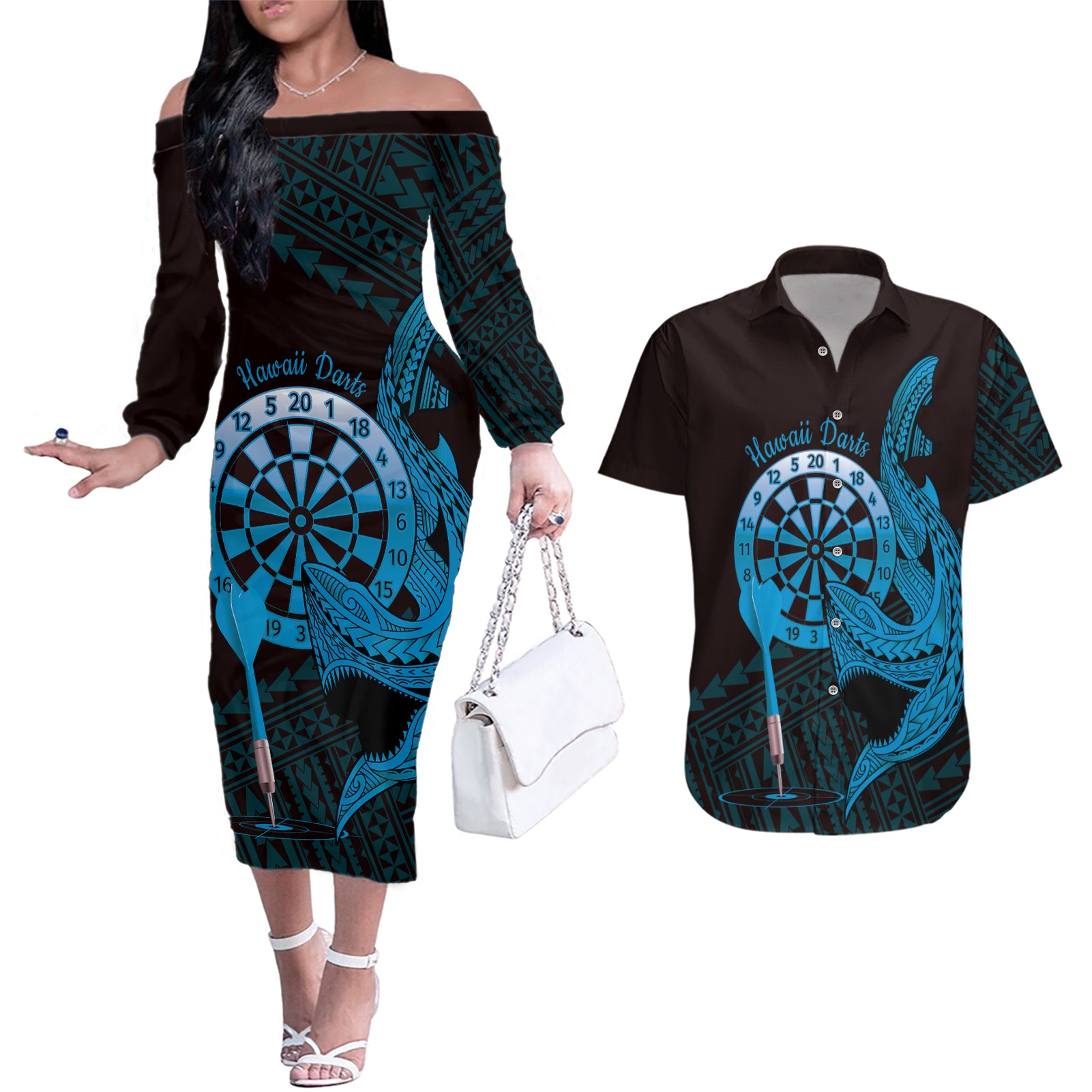 Aloha Hawaii Darts Couples Matching Off The Shoulder Long Sleeve Dress and Hawaiian Shirt Dart Board With Polynesian Shark - Blue