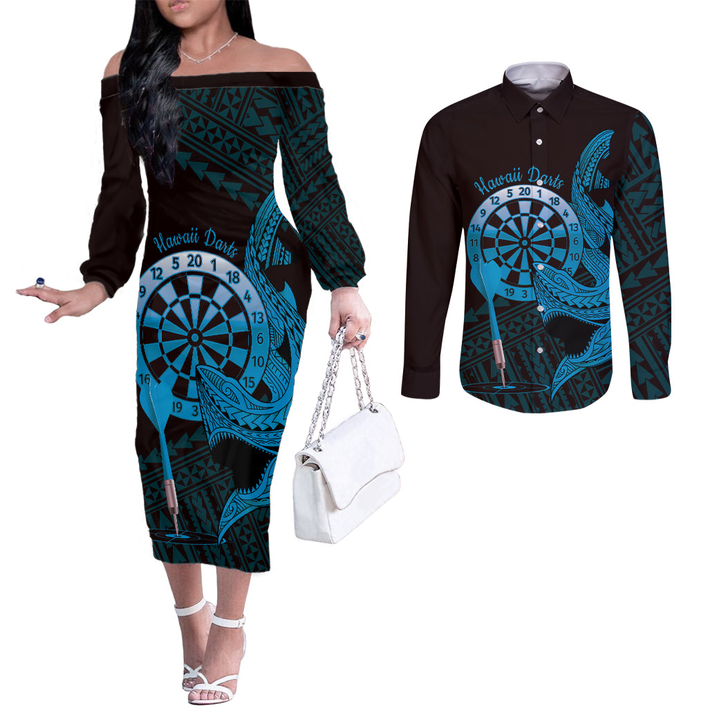 Aloha Hawaii Darts Couples Matching Off The Shoulder Long Sleeve Dress and Long Sleeve Button Shirt Dart Board With Polynesian Shark - Blue