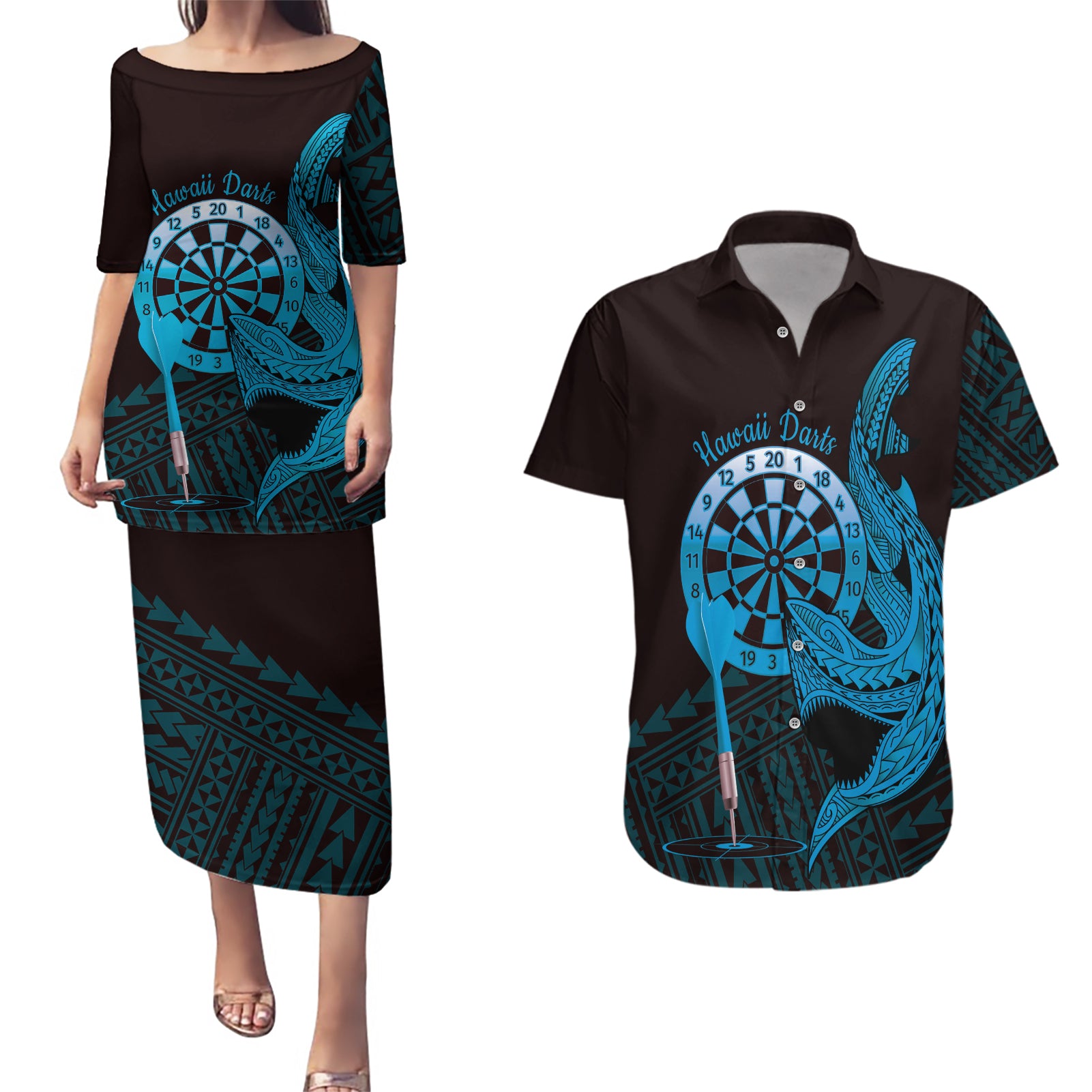 Aloha Hawaii Darts Couples Matching Puletasi and Hawaiian Shirt Dart Board With Polynesian Shark - Blue