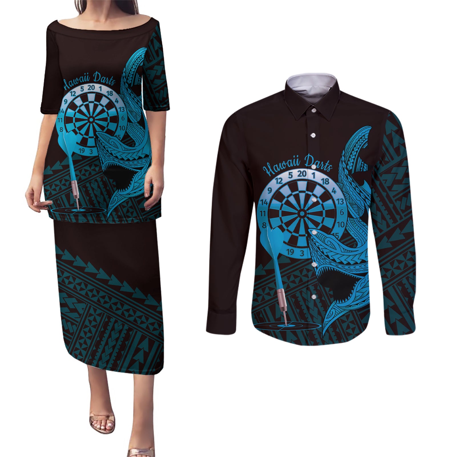 Aloha Hawaii Darts Couples Matching Puletasi and Long Sleeve Button Shirt Dart Board With Polynesian Shark - Blue