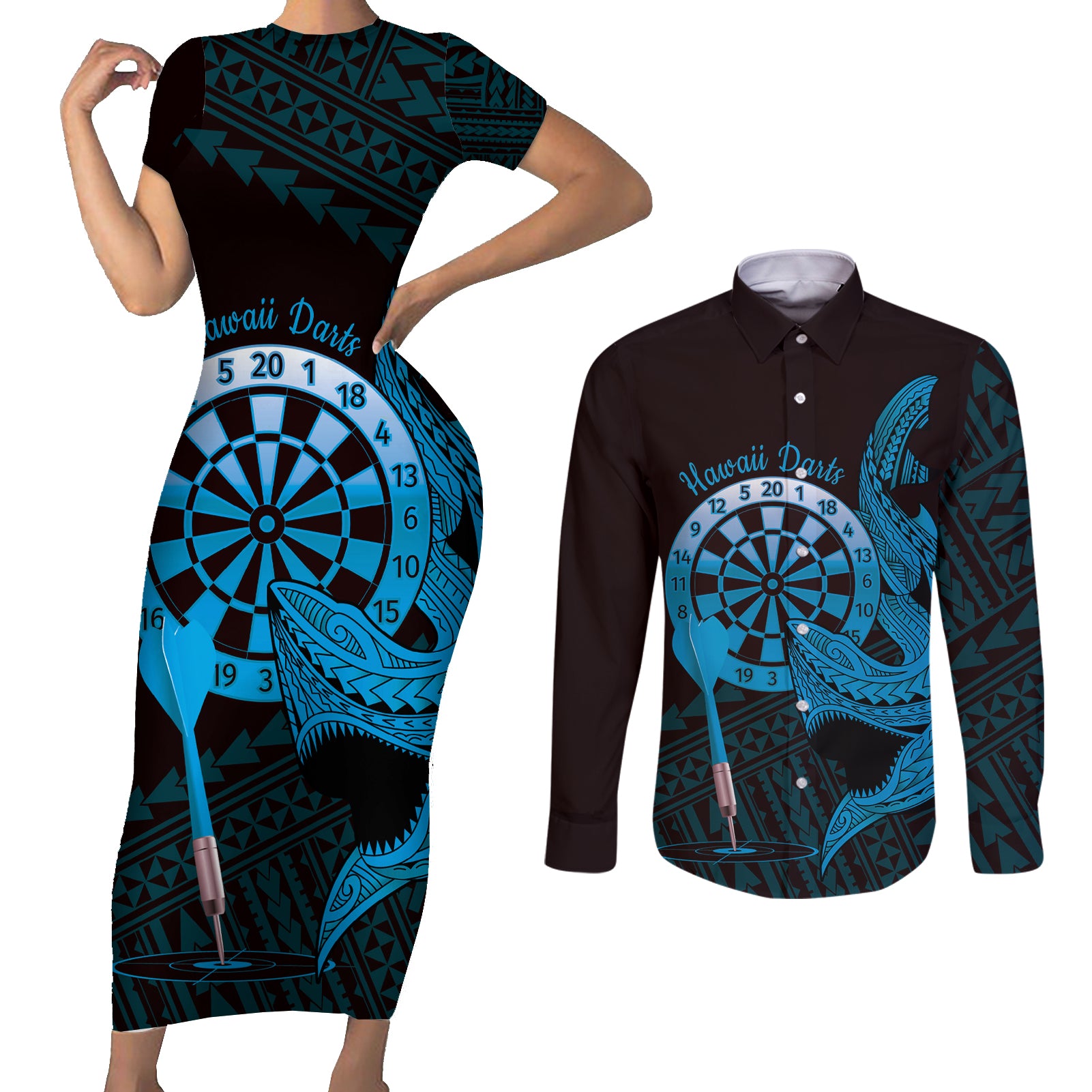Aloha Hawaii Darts Couples Matching Short Sleeve Bodycon Dress and Long Sleeve Button Shirt Dart Board With Polynesian Shark - Blue