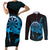 Aloha Hawaii Darts Couples Matching Short Sleeve Bodycon Dress and Long Sleeve Button Shirt Dart Board With Polynesian Shark - Blue
