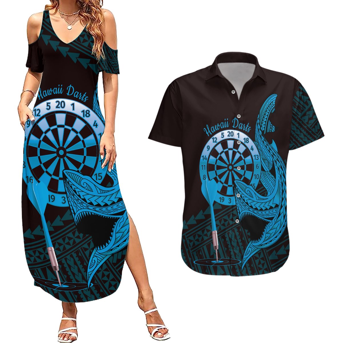 Aloha Hawaii Darts Couples Matching Summer Maxi Dress and Hawaiian Shirt Dart Board With Polynesian Shark - Blue