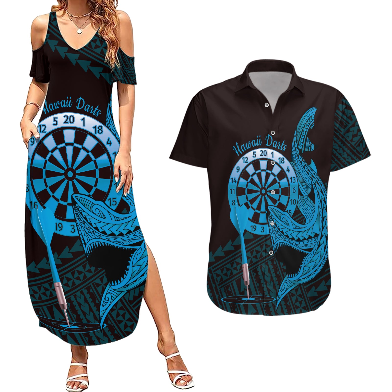 Aloha Hawaii Darts Couples Matching Summer Maxi Dress and Hawaiian Shirt Dart Board With Polynesian Shark - Blue