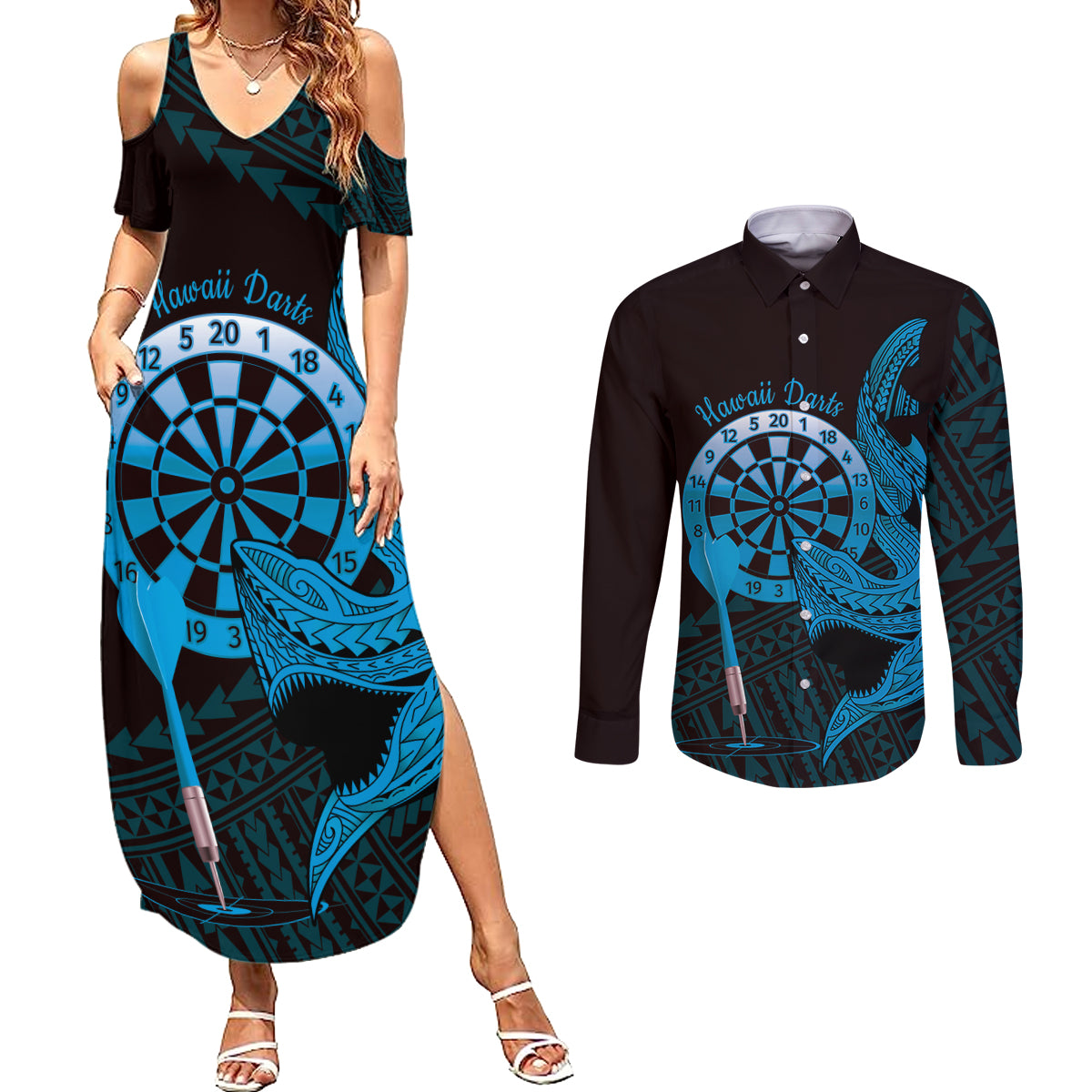 Aloha Hawaii Darts Couples Matching Summer Maxi Dress and Long Sleeve Button Shirt Dart Board With Polynesian Shark - Blue