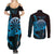 Aloha Hawaii Darts Couples Matching Summer Maxi Dress and Long Sleeve Button Shirt Dart Board With Polynesian Shark - Blue