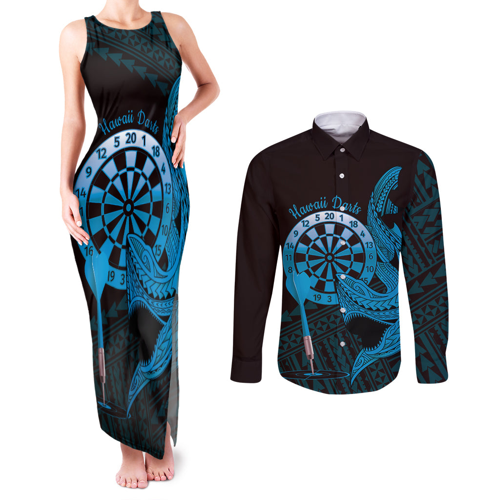 Aloha Hawaii Darts Couples Matching Tank Maxi Dress and Long Sleeve Button Shirt Dart Board With Polynesian Shark - Blue