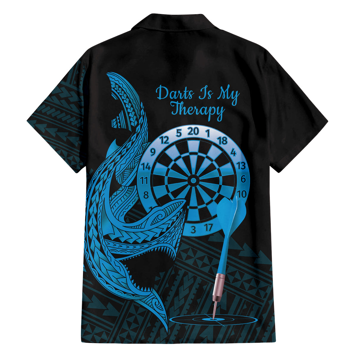 Aloha Hawaii Darts Family Matching Long Sleeve Bodycon Dress and Hawaiian Shirt Dart Board With Polynesian Shark - Blue LT14 - Polynesian Pride