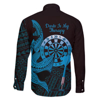 Aloha Hawaii Darts Family Matching Long Sleeve Bodycon Dress and Hawaiian Shirt Dart Board With Polynesian Shark - Blue LT14 - Polynesian Pride