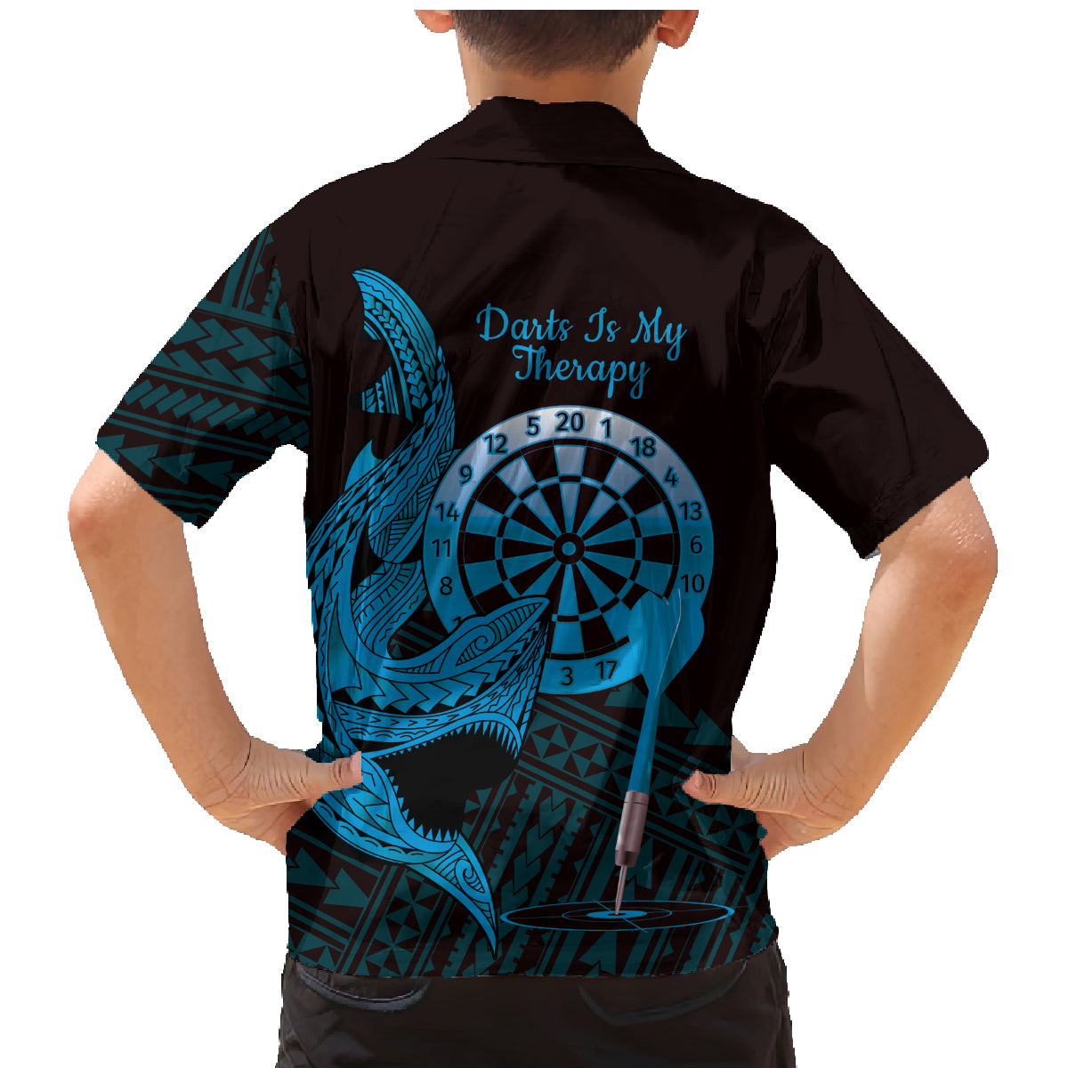 Aloha Hawaii Darts Family Matching Mermaid Dress and Hawaiian Shirt Dart Board With Polynesian Shark - Blue LT14 - Polynesian Pride
