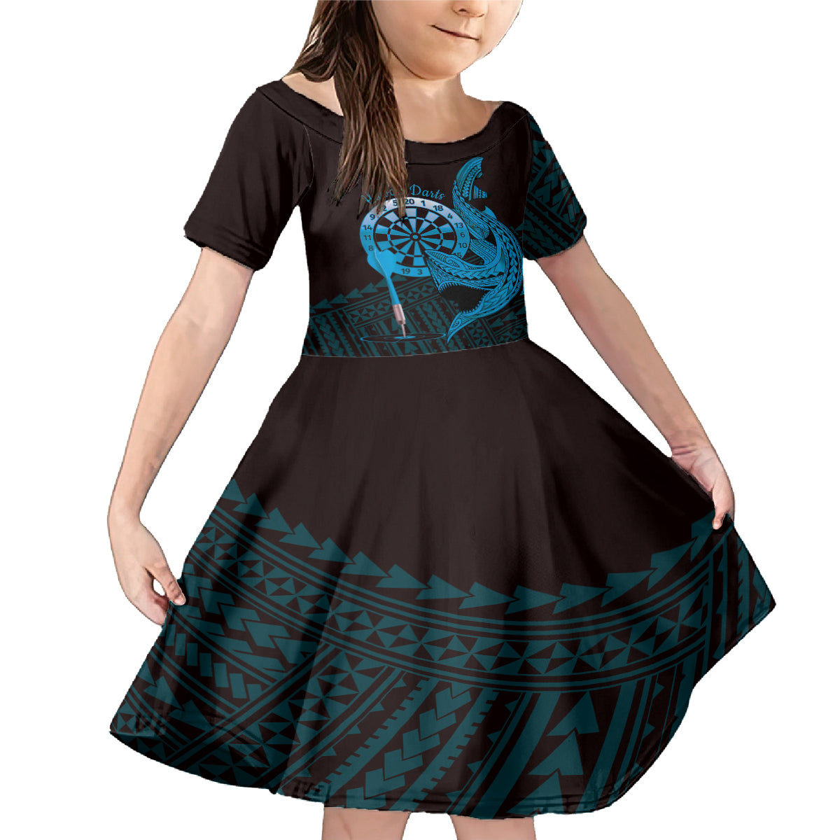Aloha Hawaii Darts Family Matching Mermaid Dress and Hawaiian Shirt Dart Board With Polynesian Shark - Blue LT14 Daughter's Dress Blue - Polynesian Pride