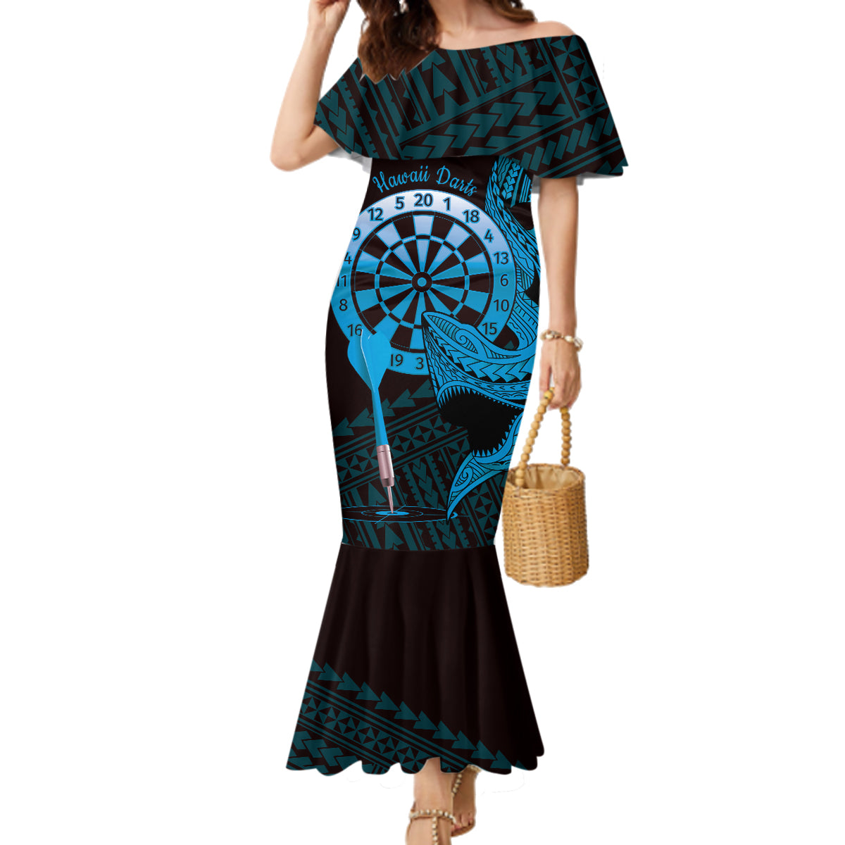 Aloha Hawaii Darts Family Matching Mermaid Dress and Hawaiian Shirt Dart Board With Polynesian Shark - Blue LT14 Mom's Dress Blue - Polynesian Pride