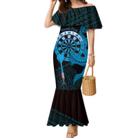 Aloha Hawaii Darts Family Matching Mermaid Dress and Hawaiian Shirt Dart Board With Polynesian Shark - Blue LT14 Mom's Dress Blue - Polynesian Pride