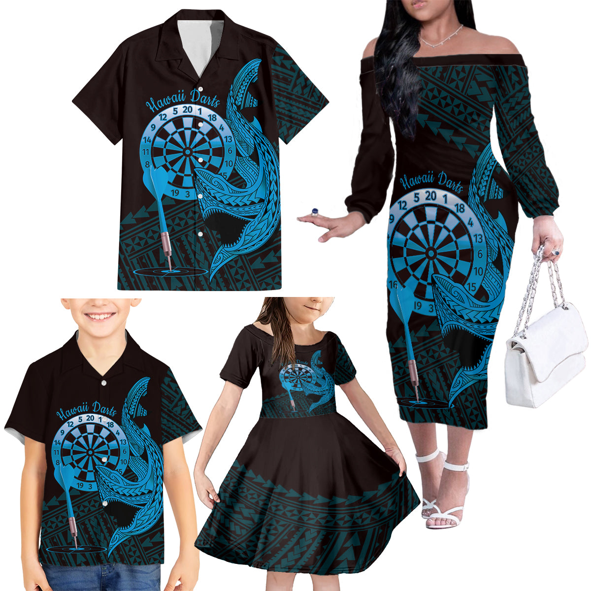 Aloha Hawaii Darts Family Matching Off The Shoulder Long Sleeve Dress and Hawaiian Shirt Dart Board With Polynesian Shark - Blue LT14 - Polynesian Pride