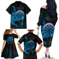 Aloha Hawaii Darts Family Matching Off The Shoulder Long Sleeve Dress and Hawaiian Shirt Dart Board With Polynesian Shark - Blue LT14 - Polynesian Pride