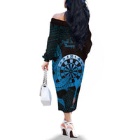 Aloha Hawaii Darts Family Matching Off The Shoulder Long Sleeve Dress and Hawaiian Shirt Dart Board With Polynesian Shark - Blue LT14 - Polynesian Pride