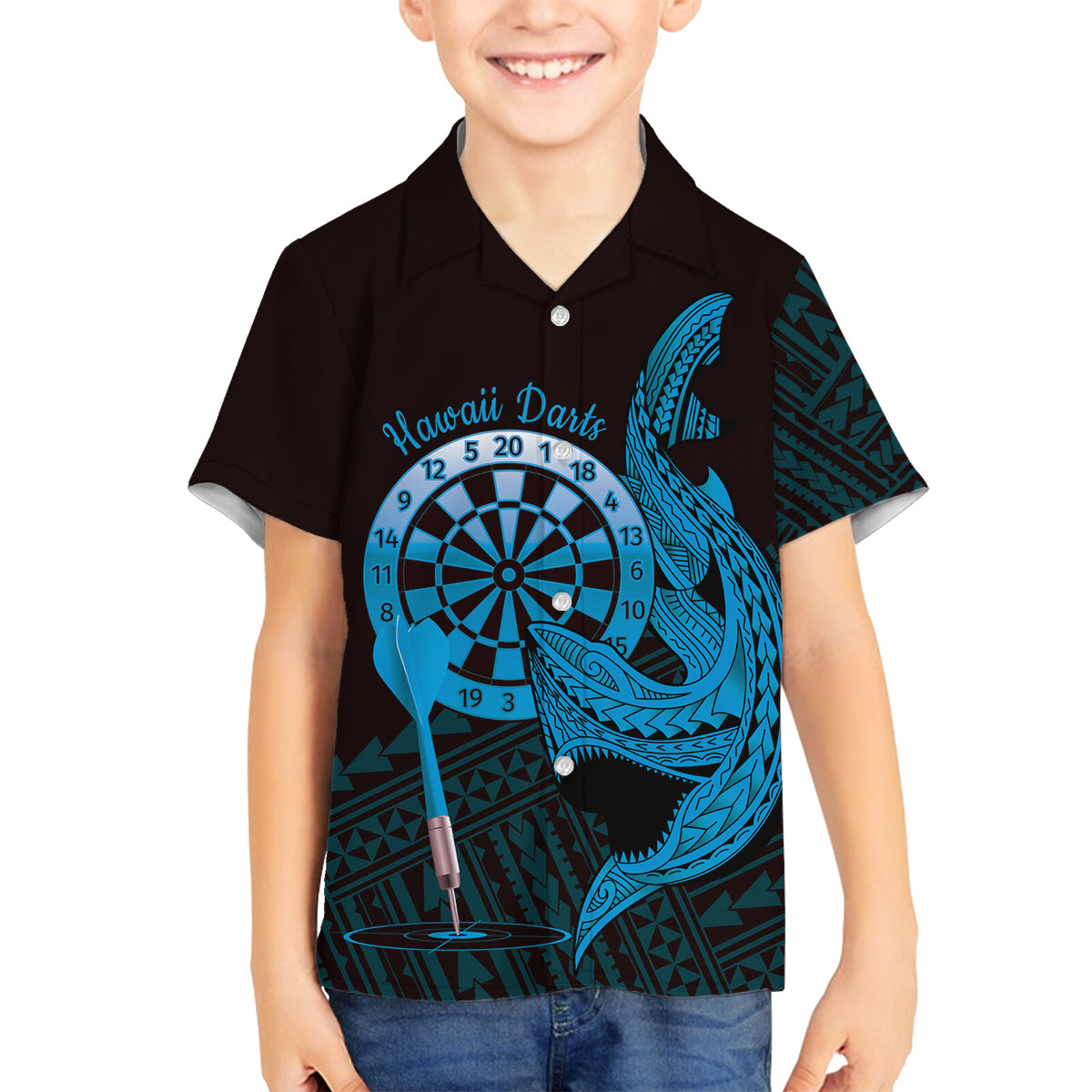 Aloha Hawaii Darts Family Matching Off The Shoulder Long Sleeve Dress and Hawaiian Shirt Dart Board With Polynesian Shark - Blue LT14 Son's Shirt Blue - Polynesian Pride