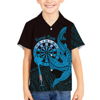 Aloha Hawaii Darts Family Matching Off The Shoulder Long Sleeve Dress and Hawaiian Shirt Dart Board With Polynesian Shark - Blue LT14 Son's Shirt Blue - Polynesian Pride