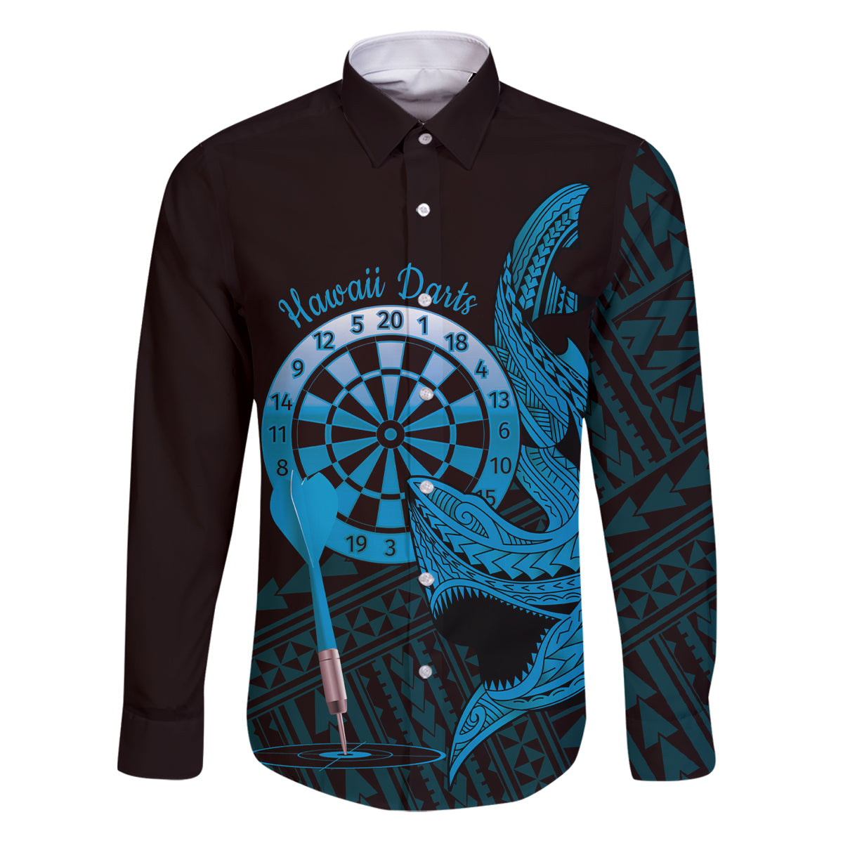 Aloha Hawaii Darts Family Matching Puletasi and Hawaiian Shirt Dart Board With Polynesian Shark - Blue