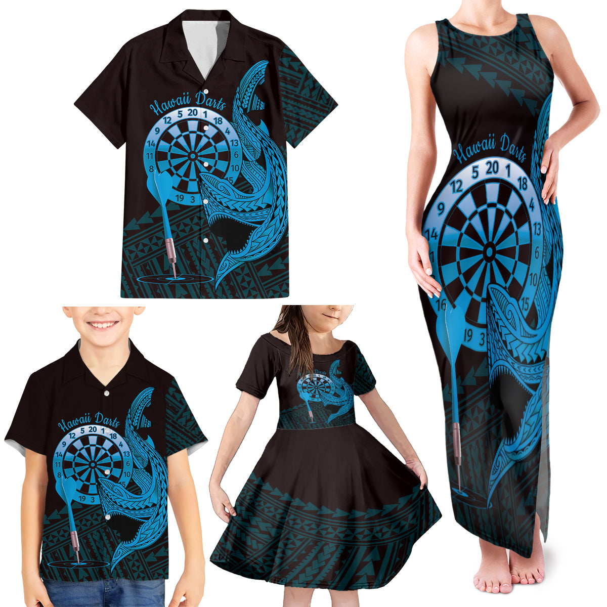Aloha Hawaii Darts Family Matching Tank Maxi Dress and Hawaiian Shirt Dart Board With Polynesian Shark - Blue LT14 - Polynesian Pride