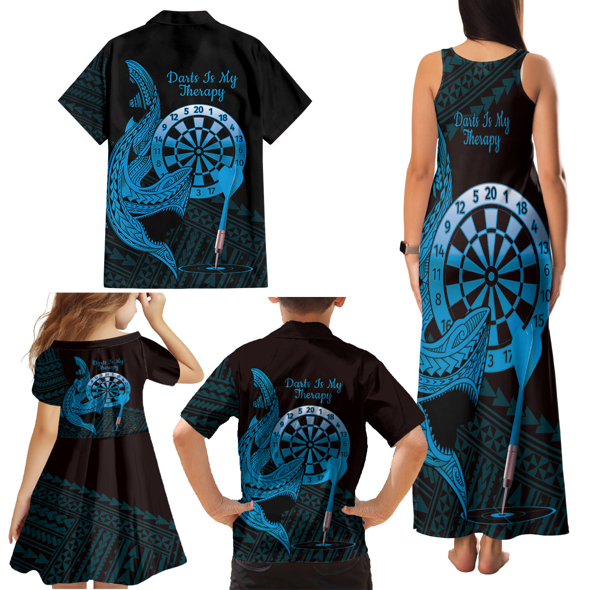 Aloha Hawaii Darts Family Matching Tank Maxi Dress and Hawaiian Shirt Dart Board With Polynesian Shark - Blue LT14 - Polynesian Pride