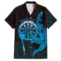 Aloha Hawaii Darts Family Matching Tank Maxi Dress and Hawaiian Shirt Dart Board With Polynesian Shark - Blue LT14 Dad's Shirt - Short Sleeve Blue - Polynesian Pride
