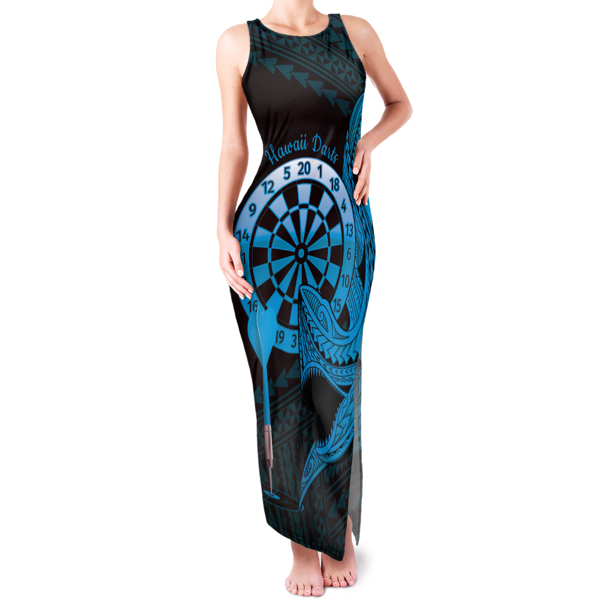 Aloha Hawaii Darts Family Matching Tank Maxi Dress and Hawaiian Shirt Dart Board With Polynesian Shark - Blue LT14 Mom's Dress Blue - Polynesian Pride