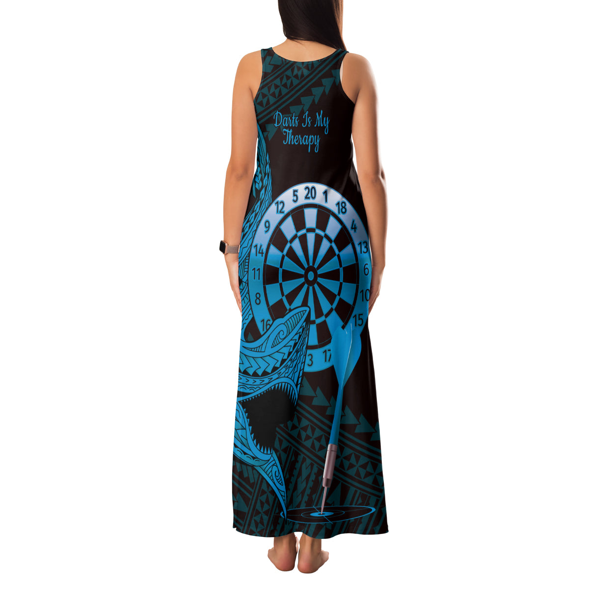 Aloha Hawaii Darts Family Matching Tank Maxi Dress and Hawaiian Shirt Dart Board With Polynesian Shark - Blue LT14 - Polynesian Pride