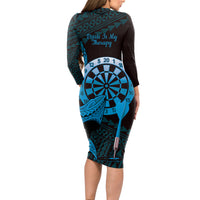 Aloha Hawaii Darts Long Sleeve Bodycon Dress Dart Board With Polynesian Shark - Blue