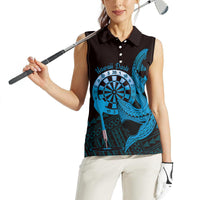 Aloha Hawaii Darts Women Sleeveless Polo Shirt Dart Board With Polynesian Shark - Blue