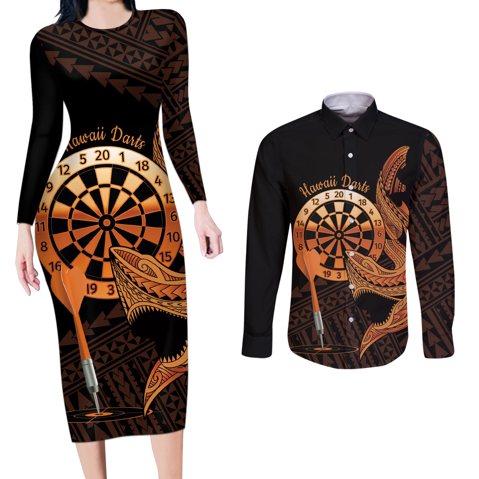 Aloha Hawaii Darts Couples Matching Long Sleeve Bodycon Dress and Long Sleeve Button Shirt Dart Board With Polynesian Shark - Gold