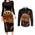 Aloha Hawaii Darts Couples Matching Long Sleeve Bodycon Dress and Long Sleeve Button Shirt Dart Board With Polynesian Shark - Gold
