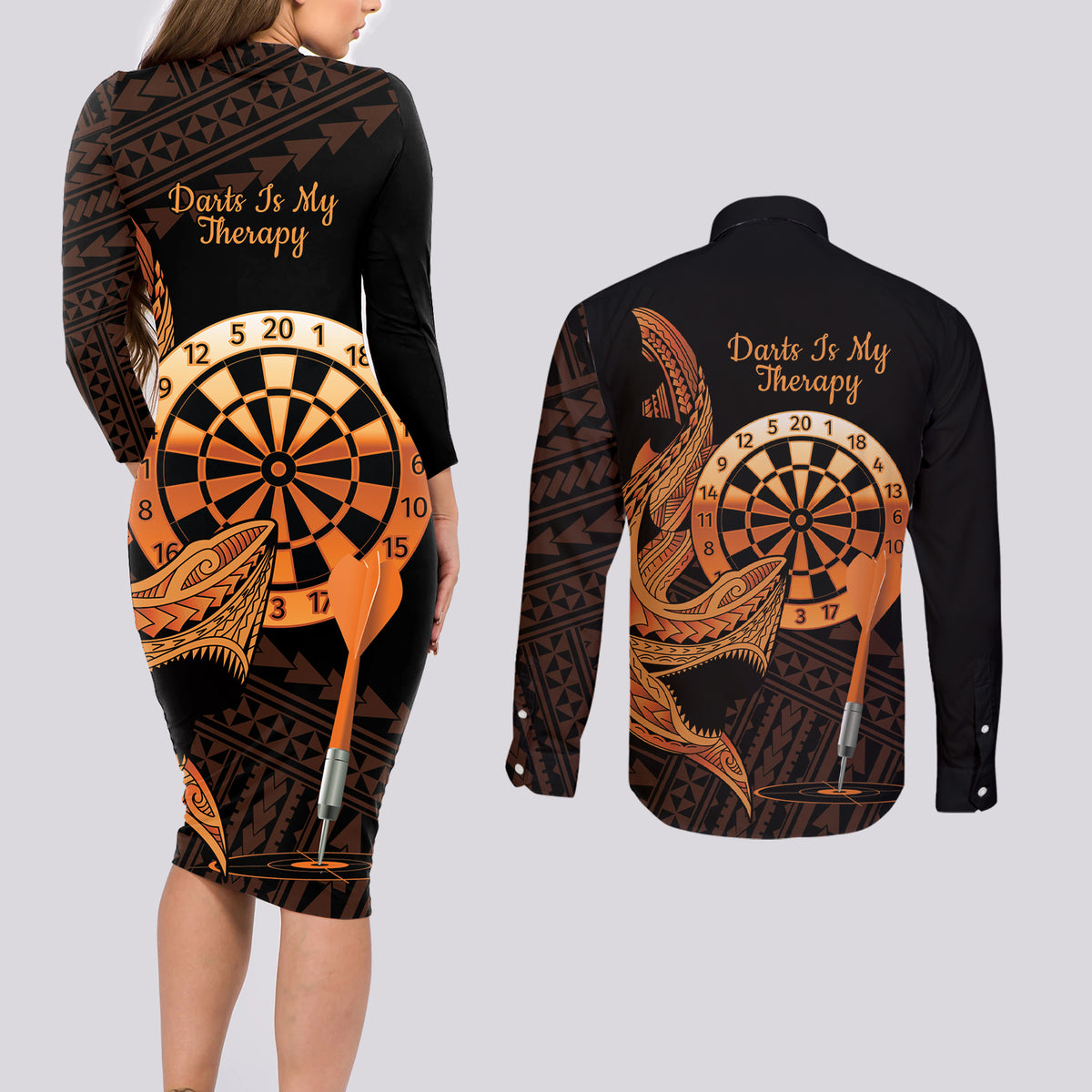 Aloha Hawaii Darts Couples Matching Long Sleeve Bodycon Dress and Long Sleeve Button Shirt Dart Board With Polynesian Shark - Gold