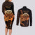 Aloha Hawaii Darts Couples Matching Long Sleeve Bodycon Dress and Long Sleeve Button Shirt Dart Board With Polynesian Shark - Gold