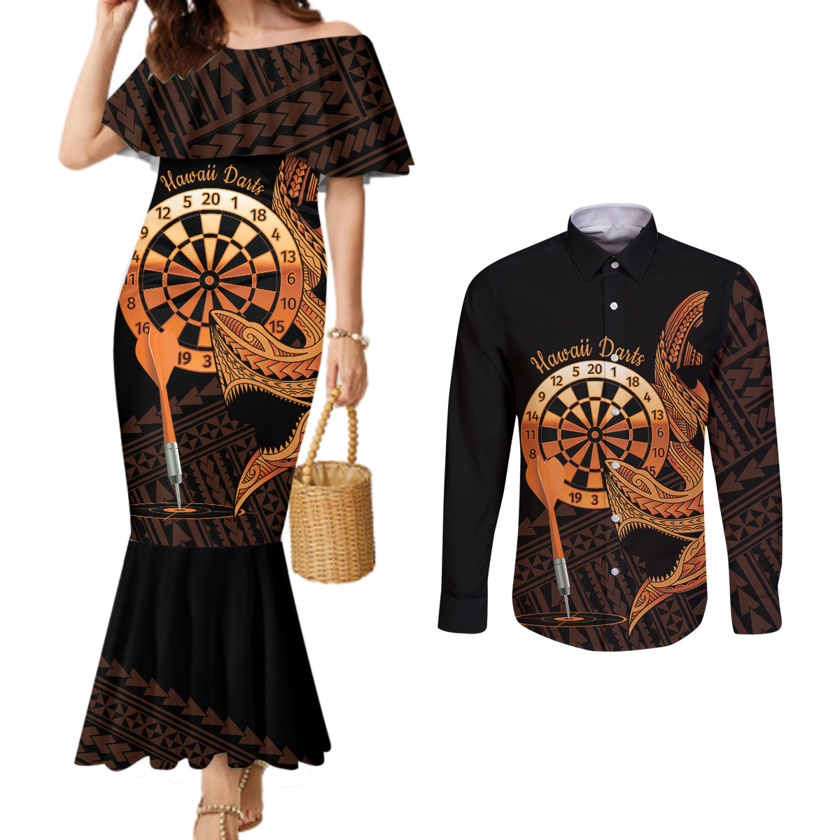 Aloha Hawaii Darts Couples Matching Mermaid Dress and Long Sleeve Button Shirt Dart Board With Polynesian Shark - Gold