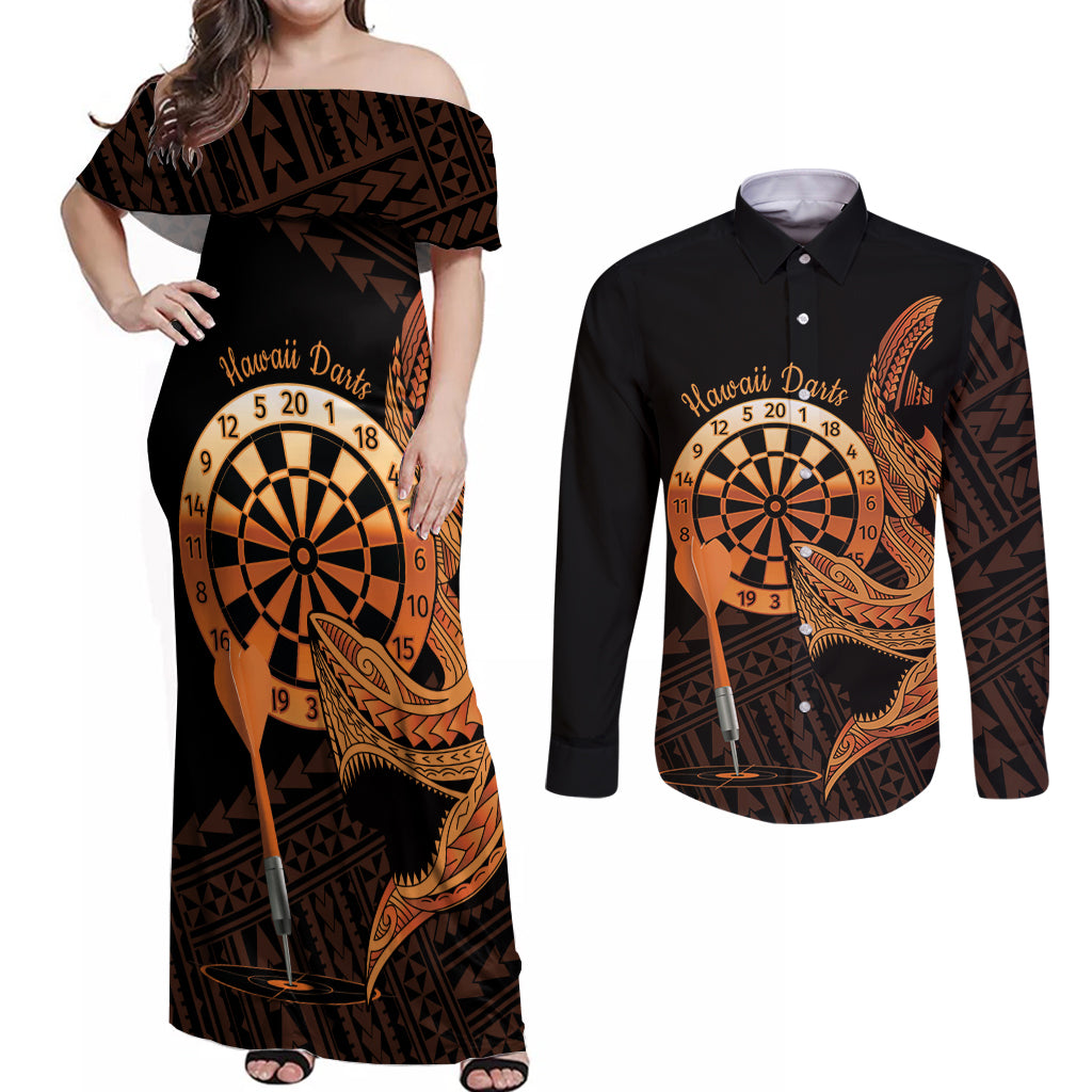 Aloha Hawaii Darts Couples Matching Off Shoulder Maxi Dress and Long Sleeve Button Shirt Dart Board With Polynesian Shark - Gold
