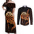 Aloha Hawaii Darts Couples Matching Off Shoulder Maxi Dress and Long Sleeve Button Shirt Dart Board With Polynesian Shark - Gold
