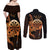 Aloha Hawaii Darts Couples Matching Off Shoulder Maxi Dress and Long Sleeve Button Shirt Dart Board With Polynesian Shark - Gold