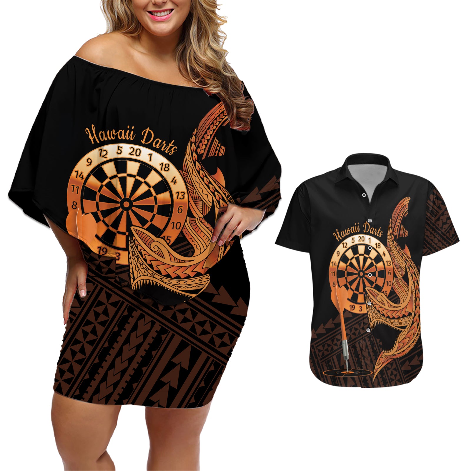 Aloha Hawaii Darts Couples Matching Off Shoulder Short Dress and Hawaiian Shirt Dart Board With Polynesian Shark - Gold
