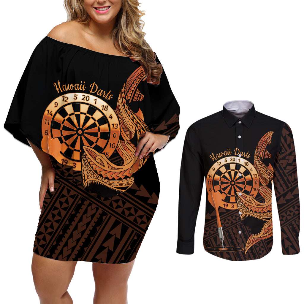 Aloha Hawaii Darts Couples Matching Off Shoulder Short Dress and Long Sleeve Button Shirt Dart Board With Polynesian Shark - Gold