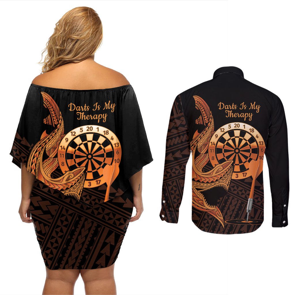 Aloha Hawaii Darts Couples Matching Off Shoulder Short Dress and Long Sleeve Button Shirt Dart Board With Polynesian Shark - Gold