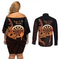 Aloha Hawaii Darts Couples Matching Off Shoulder Short Dress and Long Sleeve Button Shirt Dart Board With Polynesian Shark - Gold