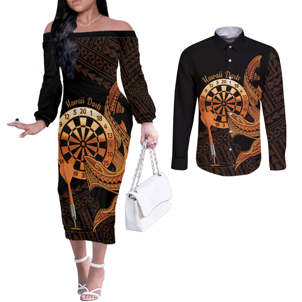 Aloha Hawaii Darts Couples Matching Off The Shoulder Long Sleeve Dress and Long Sleeve Button Shirt Dart Board With Polynesian Shark - Gold