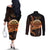 Aloha Hawaii Darts Couples Matching Off The Shoulder Long Sleeve Dress and Long Sleeve Button Shirt Dart Board With Polynesian Shark - Gold