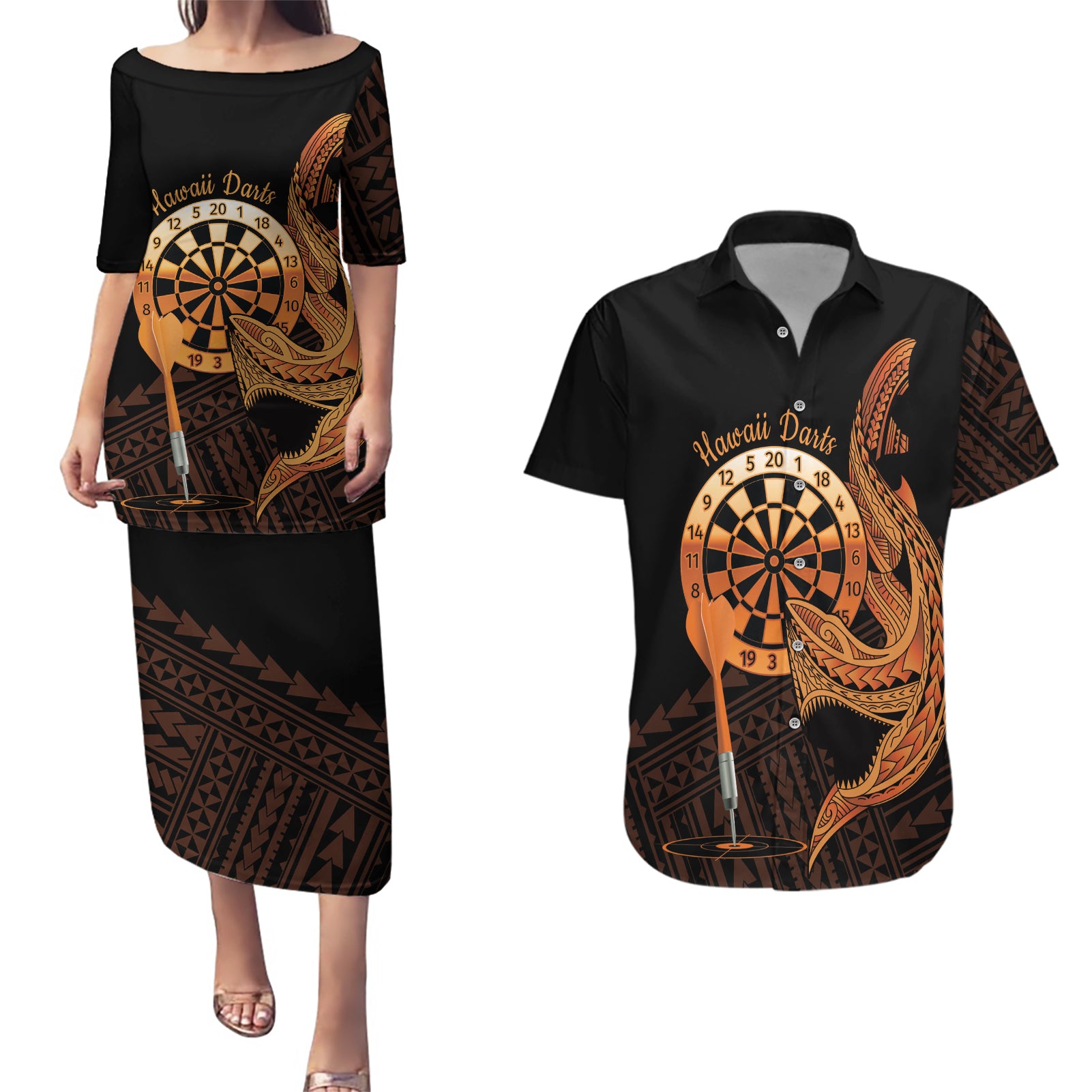 Aloha Hawaii Darts Couples Matching Puletasi and Hawaiian Shirt Dart Board With Polynesian Shark - Gold